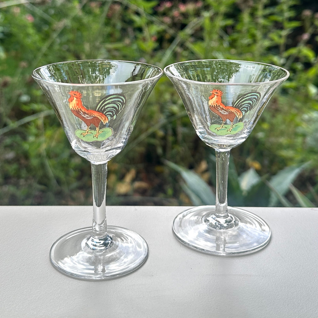 Pair of Vintage Cockerel Sherry Glasses