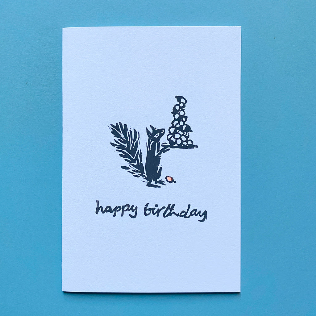 Lino Cut Card - Birthday Squirrel