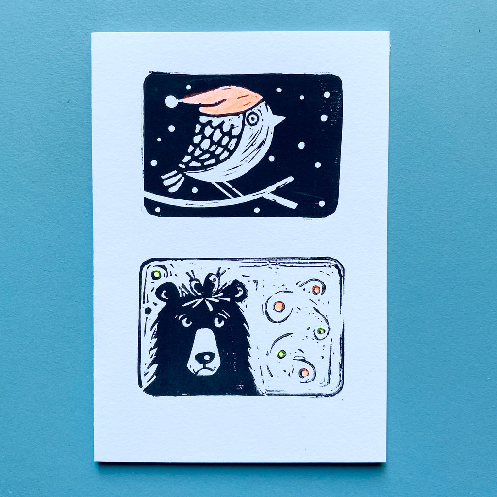 Lino Cut Card - Robin & Bear